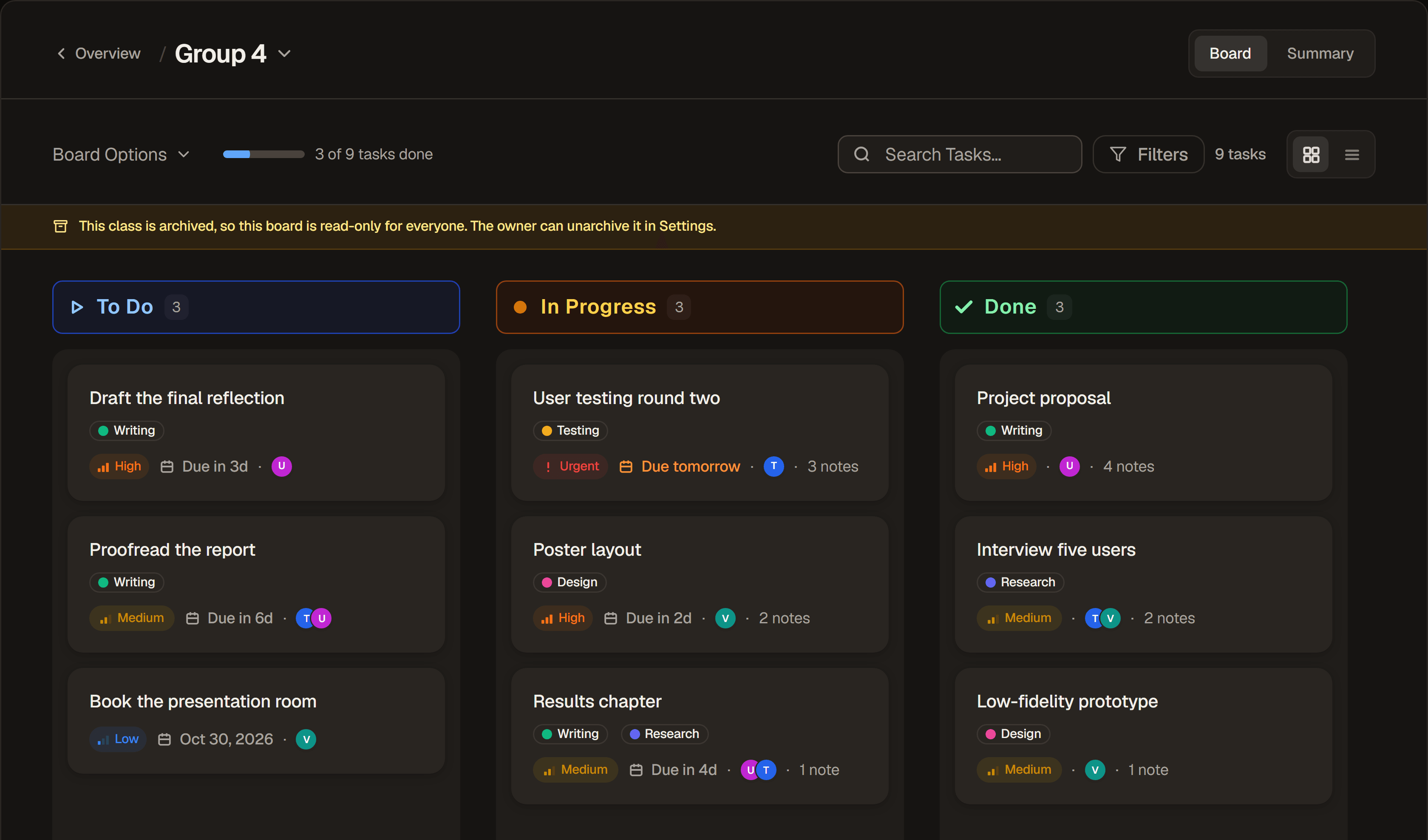 A group's board in an archived class: nine tasks across To Do, In Progress and Done with tags, priorities, due dates and assignees, under a banner saying the class is archived, so this board is read-only for everyone, and the owner can unarchive it in Settings