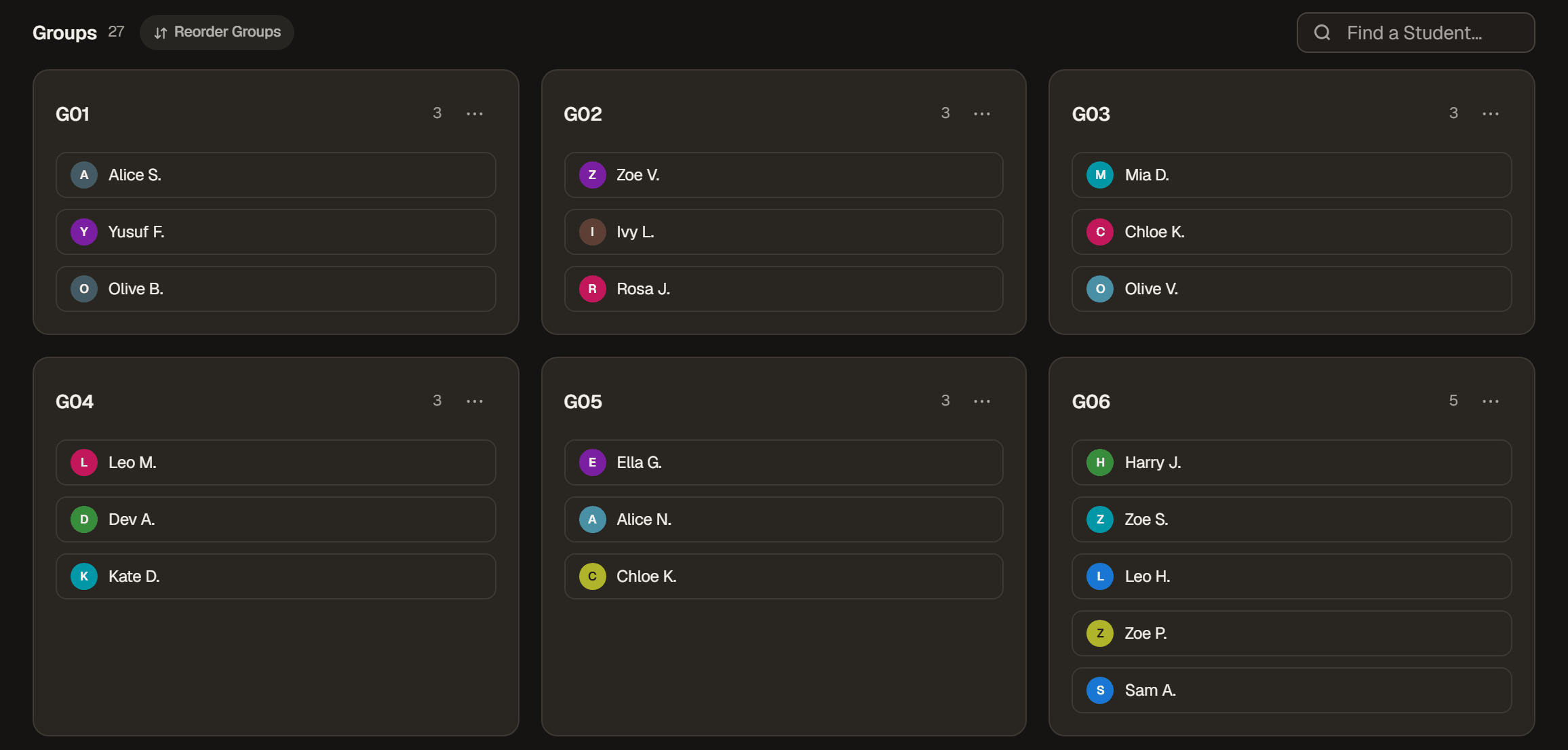 People: six group cards, each listing its students, with a Reorder Groups button and a Find a Student search