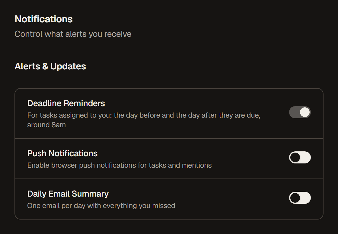 Notification settings with Deadline Reminders switched on, above Push Notifications and Daily Email Summary