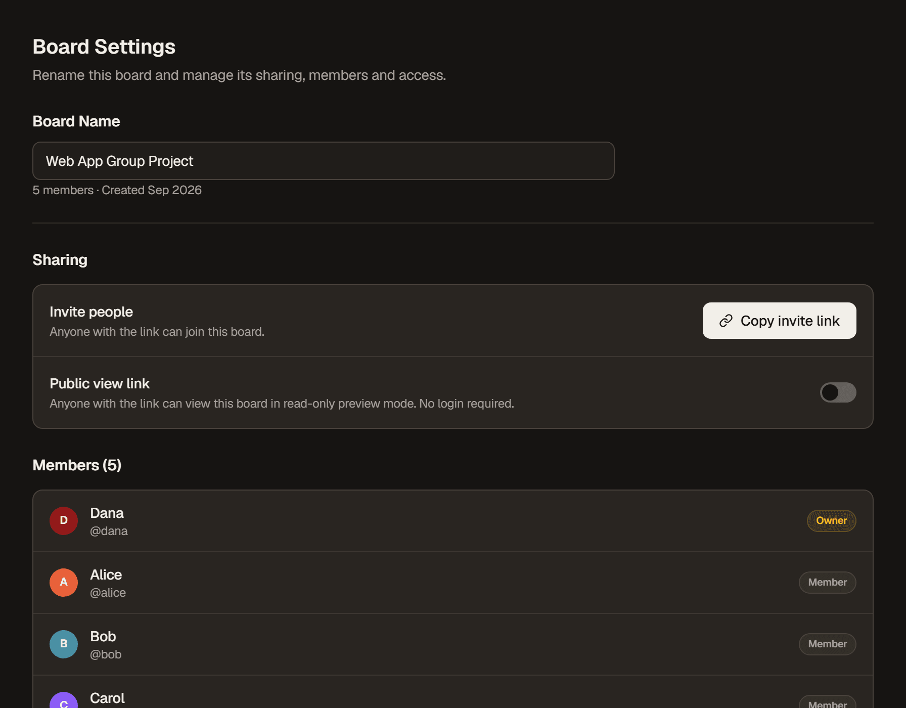 Board Settings showing the board name, sharing controls and the member list