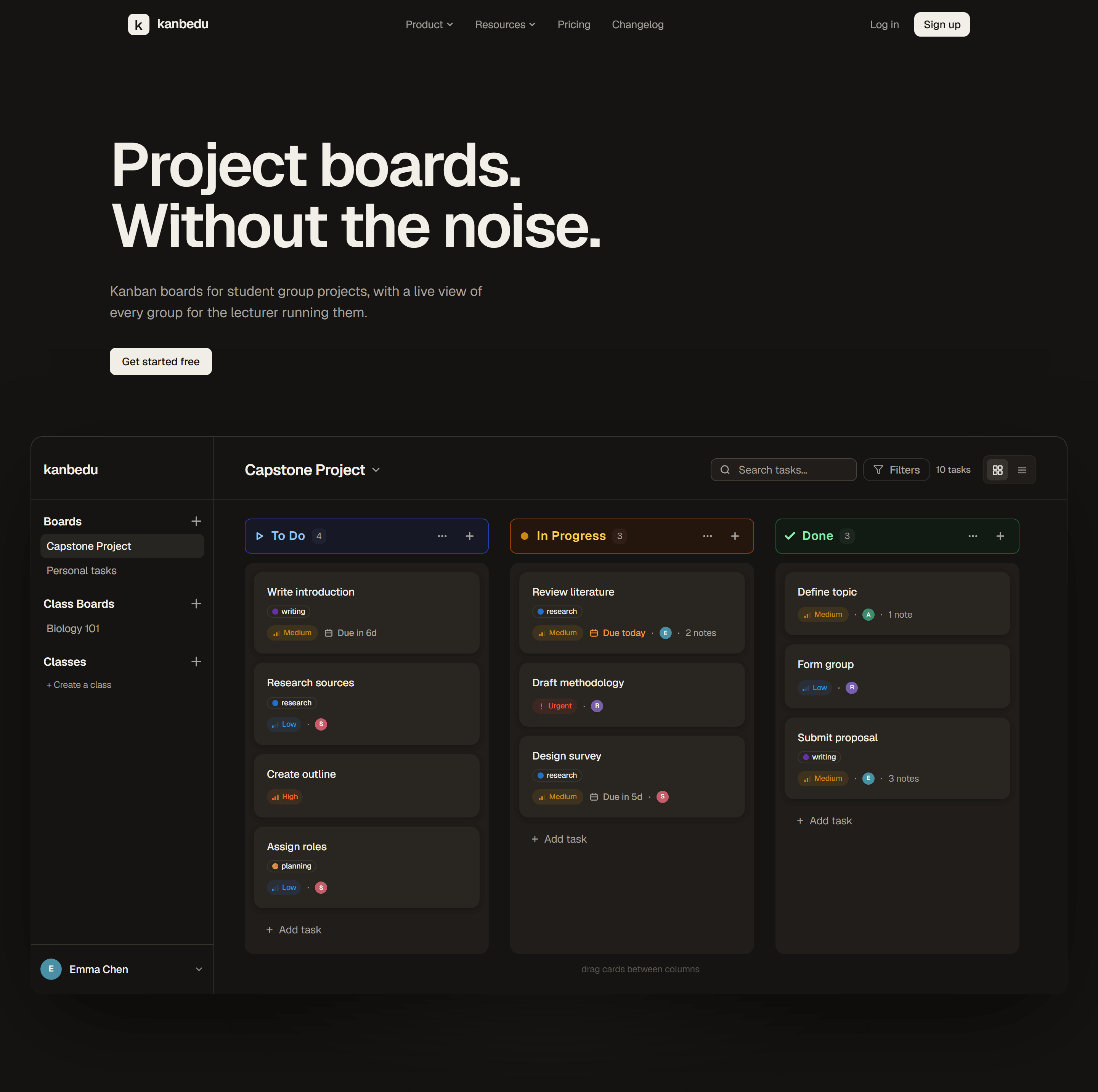The Kanbedu landing page, with the heading Project boards. Without the noise. above a working classroom project board