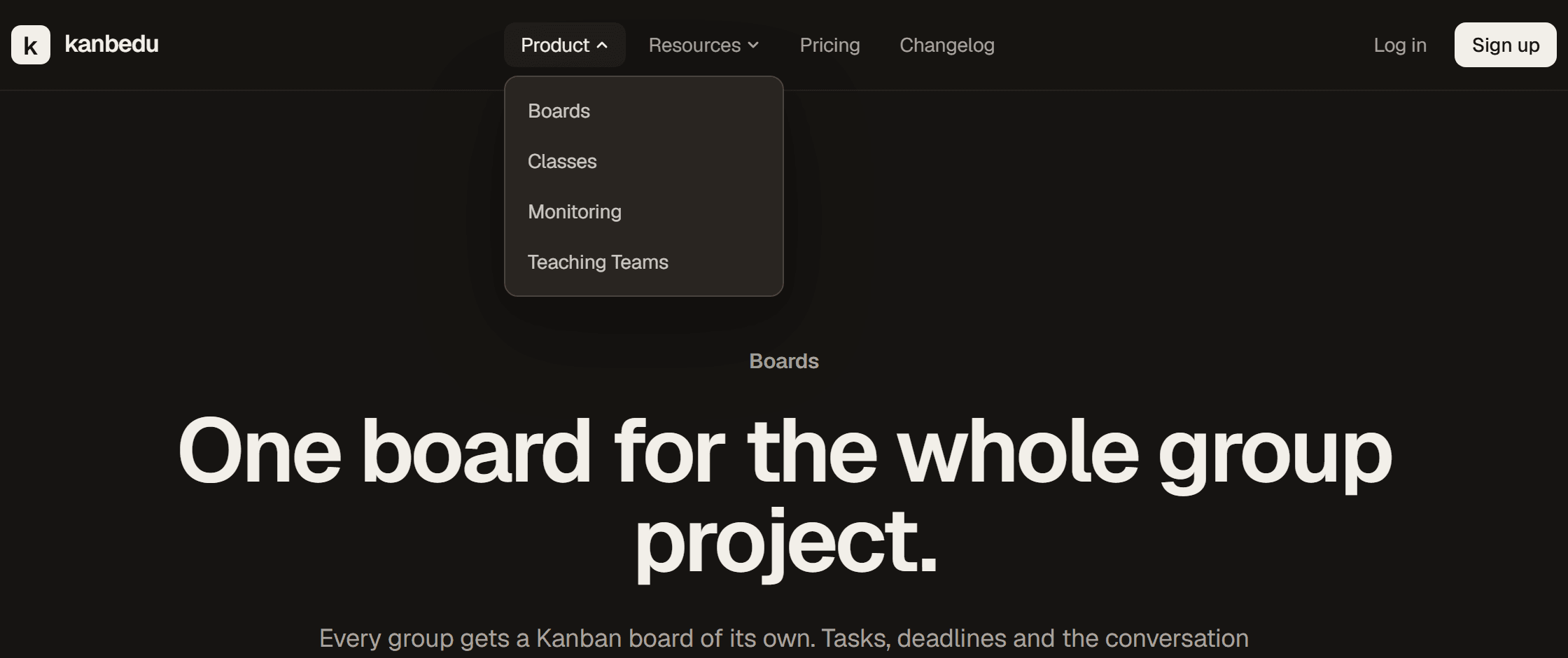 The new Product menu open in the site navigation, listing Boards, Classes, Monitoring and Teaching Teams