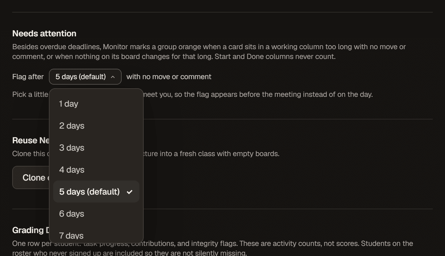 The Needs attention setting in Class Settings, open, showing a dropdown of day choices