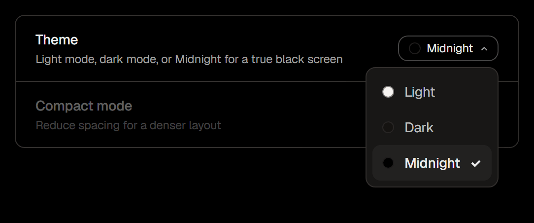 The original Theme setting in Appearance, open, listing Light, Dark and Midnight with Midnight selected