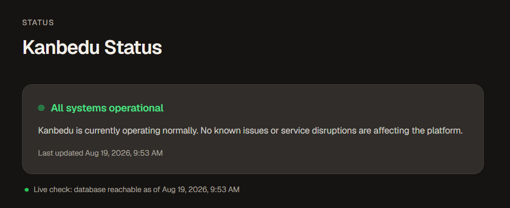 The Kanbedu Status page showing an 'All systems operational' headline next to a live database reachability check
