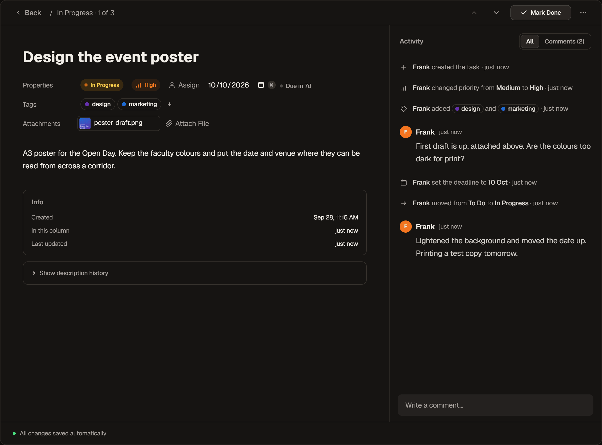 The task panel for Design the event poster: properties, tags and an attached poster under the title on the left, and the Activity column with comments and history on the right