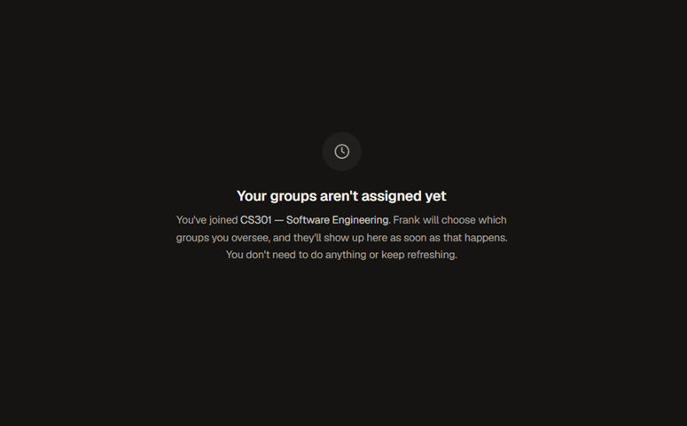 A waiting screen reading "Your groups aren't assigned yet," shown to a co-teacher who has joined a class but has no groups yet