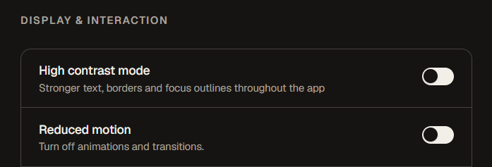 The Accessibility settings tab showing High contrast mode and Reduced motion toggles