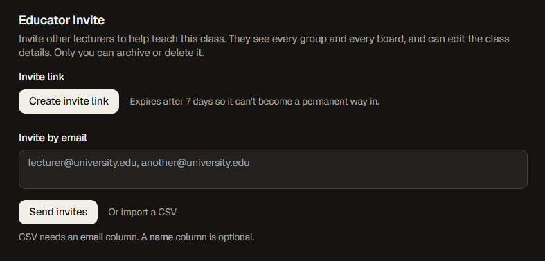 The Educator Invite section in class settings, with a Create invite link button and a field for inviting lecturers by email