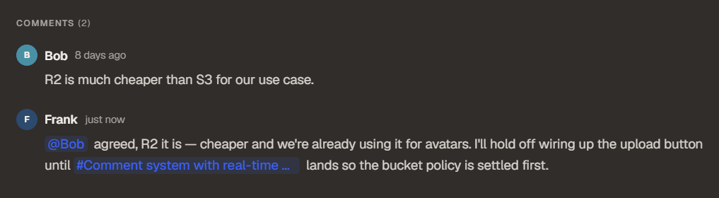 A comment replying to a teammate with an @-mention chip and a #-linked task chip, both highlighted inline