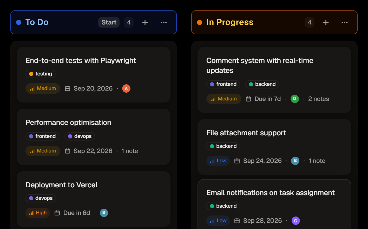 The same board in the Midnight theme, with a true black background