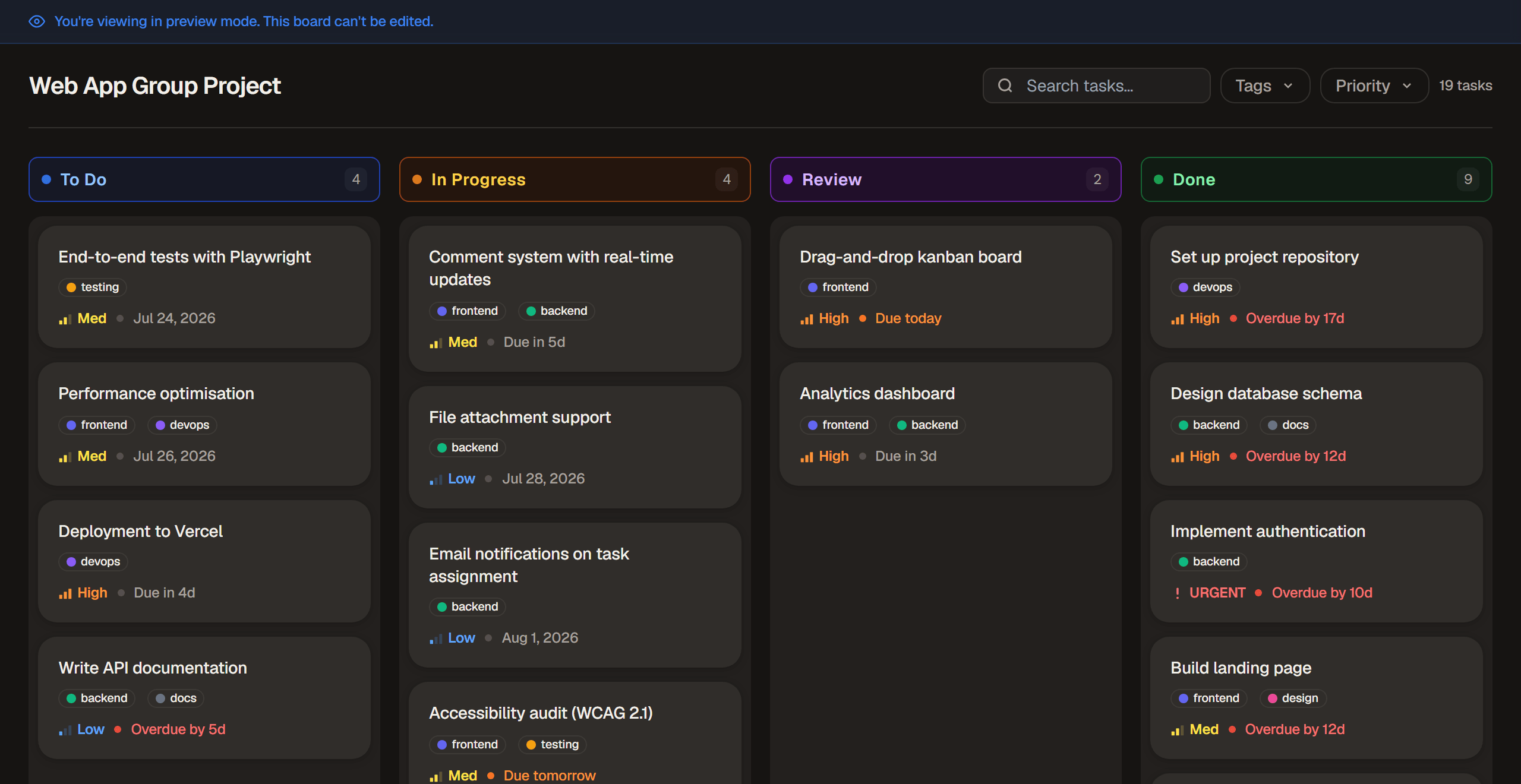 A board opened through a public view link, showing the read-only preview banner