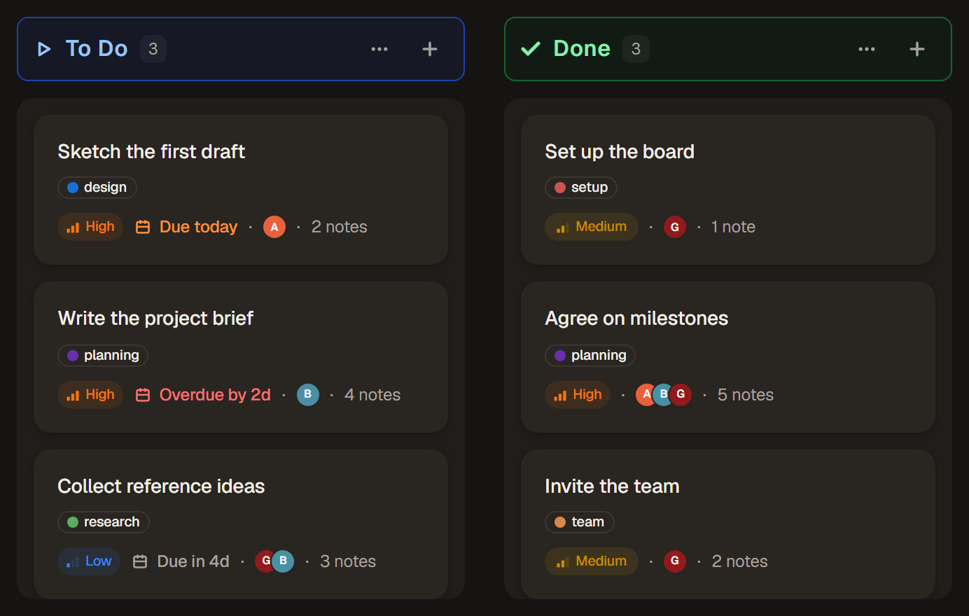 Close-up of the Start and Done columns with status icons, three tasks each, counts beside their names and actions at the right
