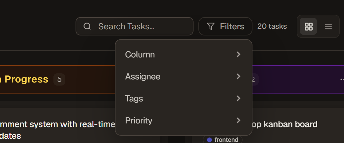 Close-up of the board header with search beside an open Filters menu for Column, Assignee, Tags and Priority
