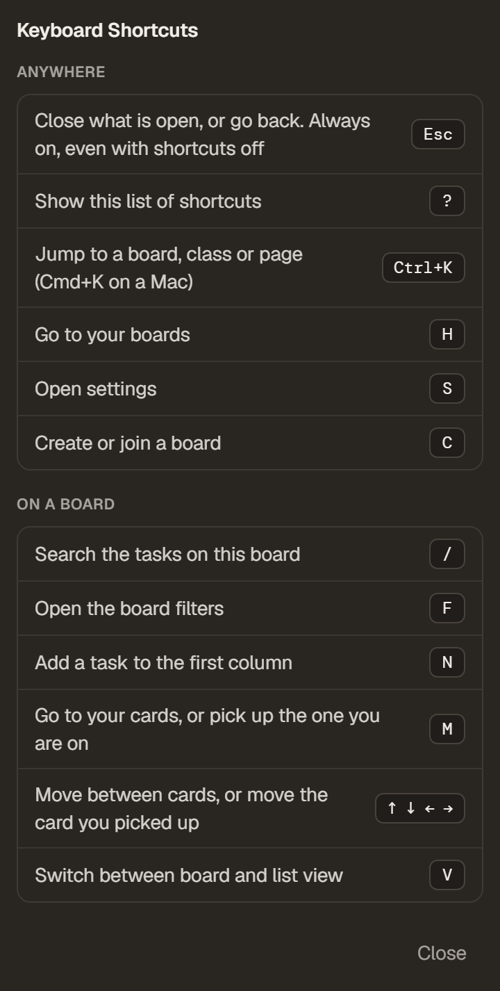 The Keyboard Shortcuts list, showing keys for Quick Jump, search, filters, tasks and moving between cards