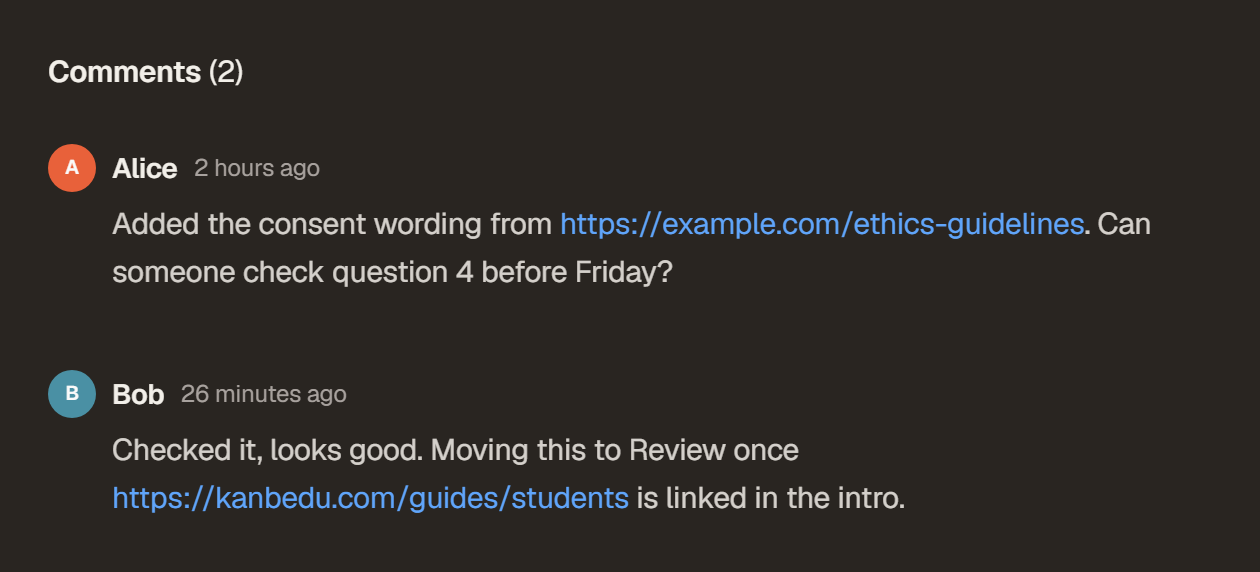 Two task comments from Alice and Bob, each with a web address shown as a blue link